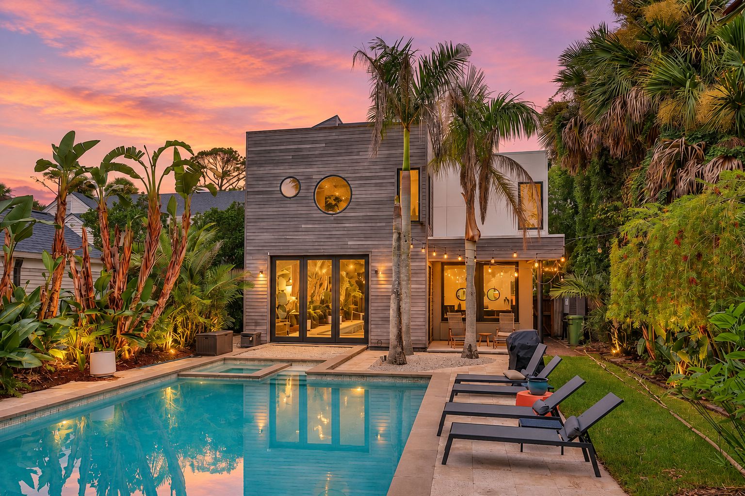 A modern house with a pool, surrounded by tropical plants and a sunset sky.