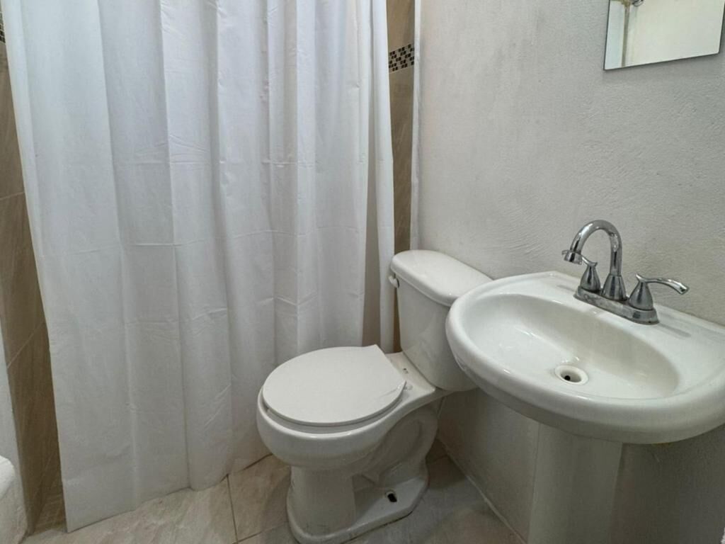 A bathroom with a toilet, sink, and shower curtain.