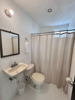 A bathroom with a sink, toilet, and shower curtain.