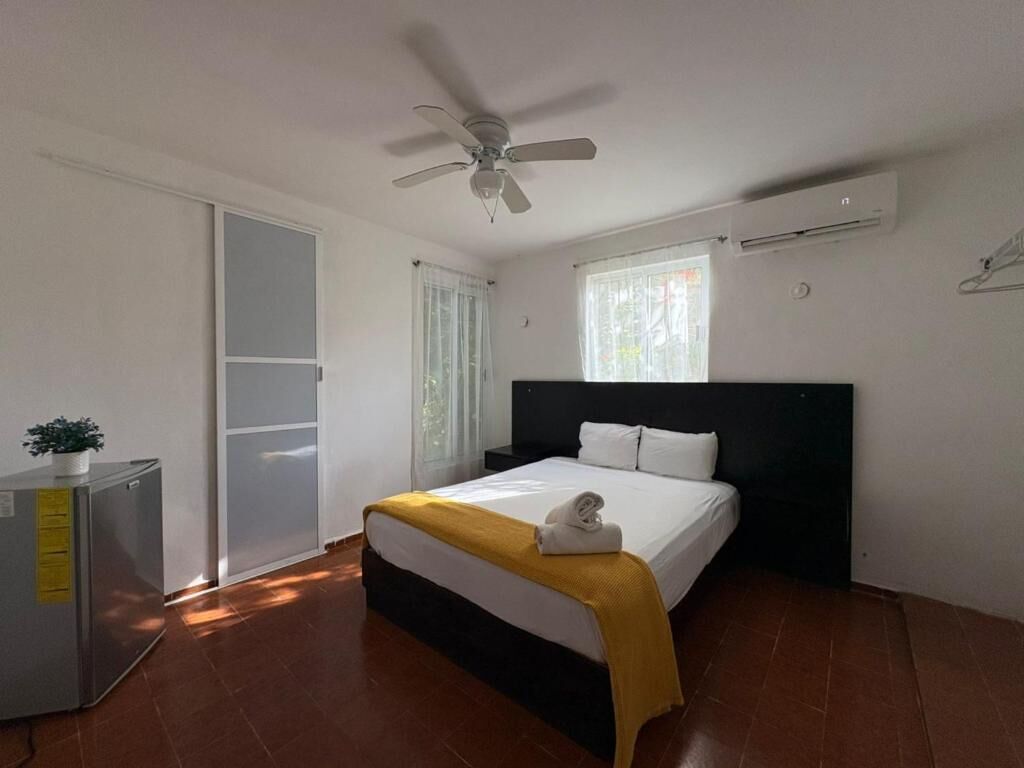 A bedroom with a bed, a ceiling fan, a window, and a small table with a plant.