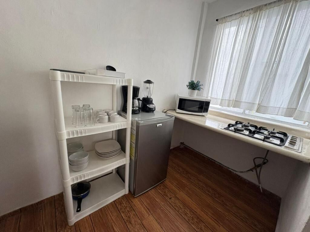 A compact kitchenette with a microwave, blender, and small refrigerator.