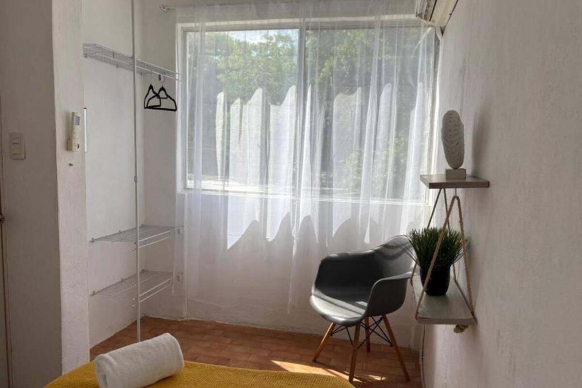 Une pièce comprenant un lit, une chaise, une fenêtre avec des rideaux légers, une étagère avec une plante et un porte-serviettes fixé au mur.