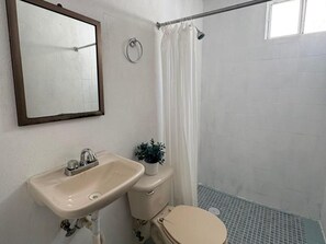 A bathroom with a sink, toilet, shower curtain, and a small potted plant. - Casa Balam Cayo Lobo (Cancún)