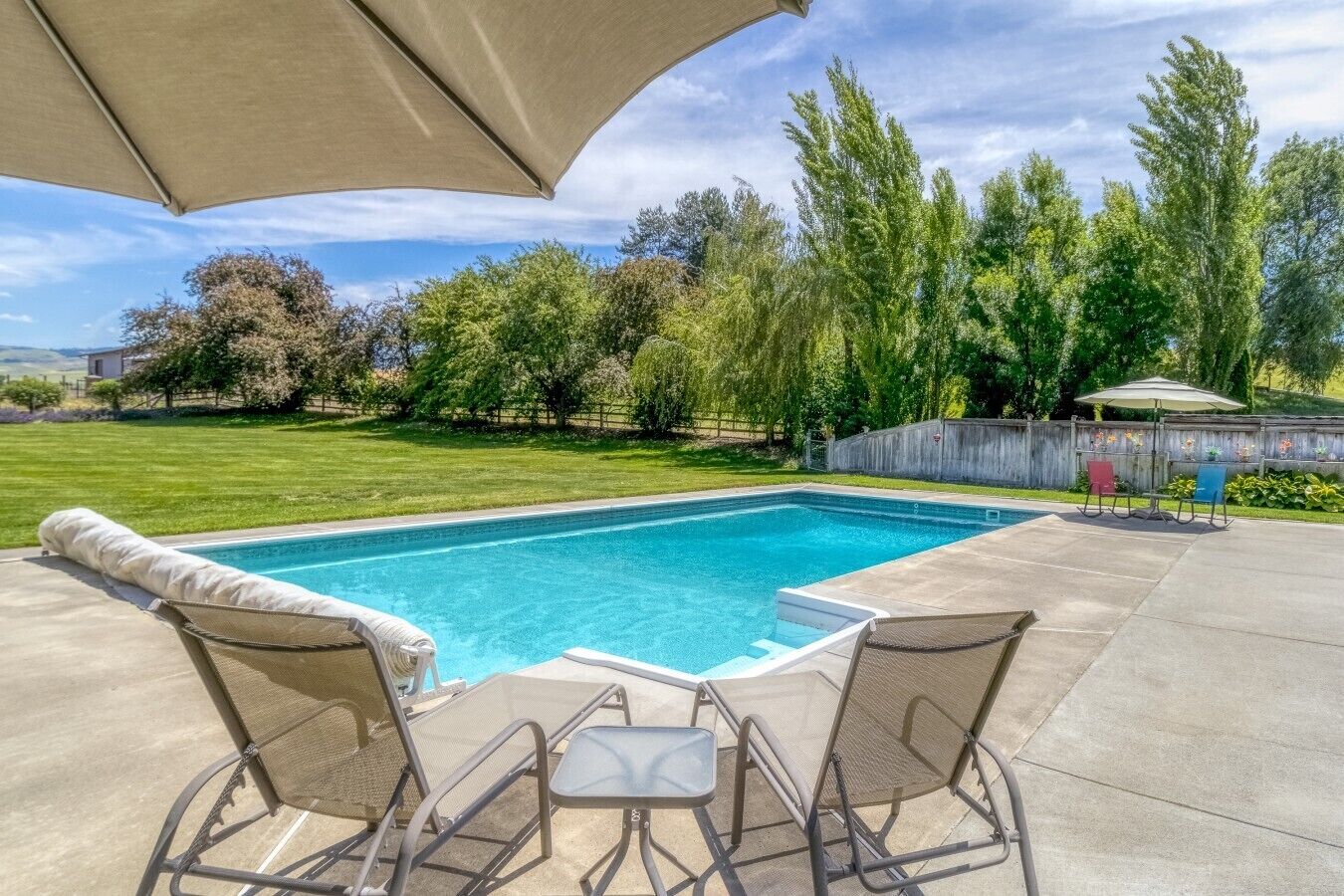 A rectangular swimming pool with a concrete deck, surrounded by a grassy yard and trees.