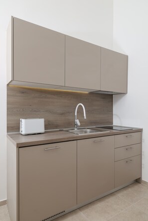 A kitchenette with a built-in oven, a sink, and a countertop. - Studio apartment Antonella (Suko šan)