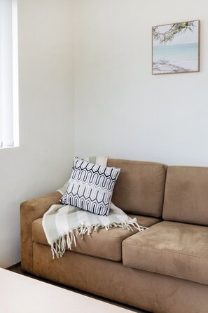A beige sofa with a patterned pillow and a throw blanket, a framed picture on the wall, and a window on the left. - Quiet and Cosy Bulimba Escape (Bulimba)