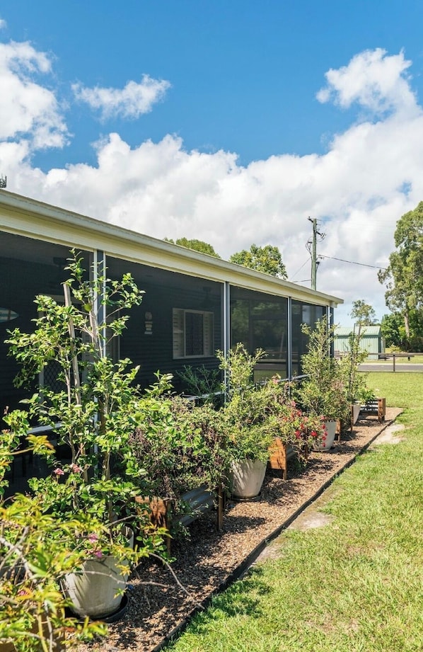 A house with a covered porch, surrounded by various potted plants and a well-maintained lawn.