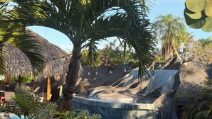 Una piscina con cascada, rodeada de plantas tropicales y una estructura de techo de paja.