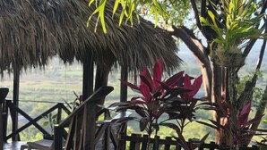 Una terraza de madera con techo de paja, rodeada de abundante vegetación y vistas del paisaje.