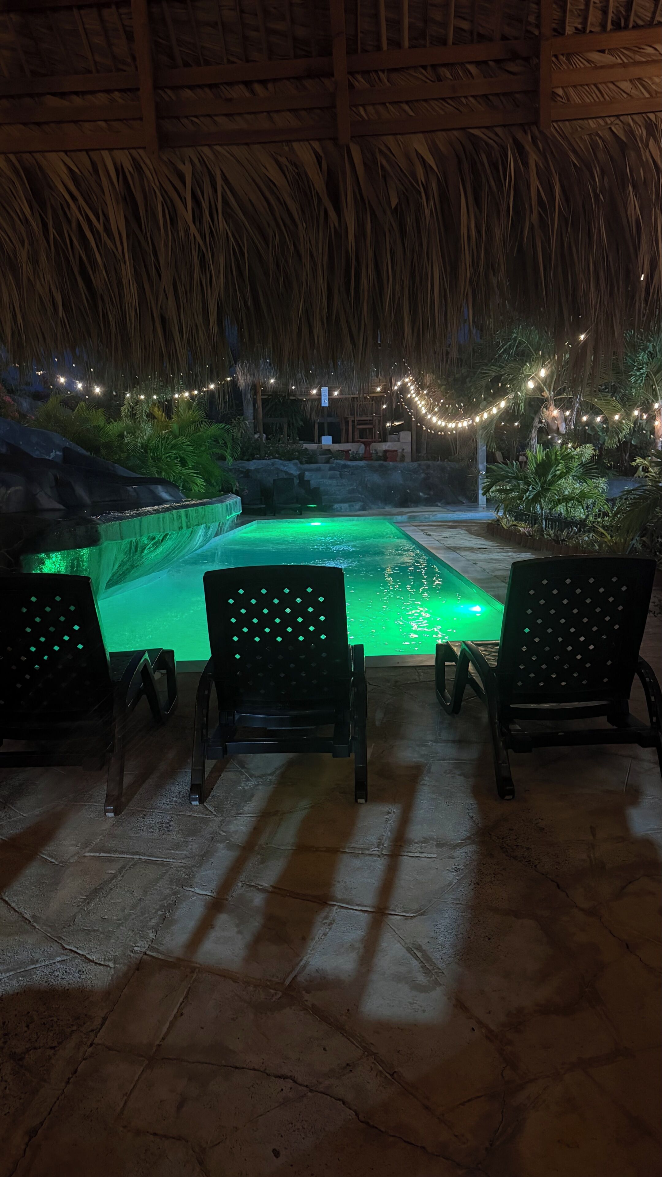 Un espace piscine extérieur avec des chaises, un toit de chaume et des guirlandes lumineuses.