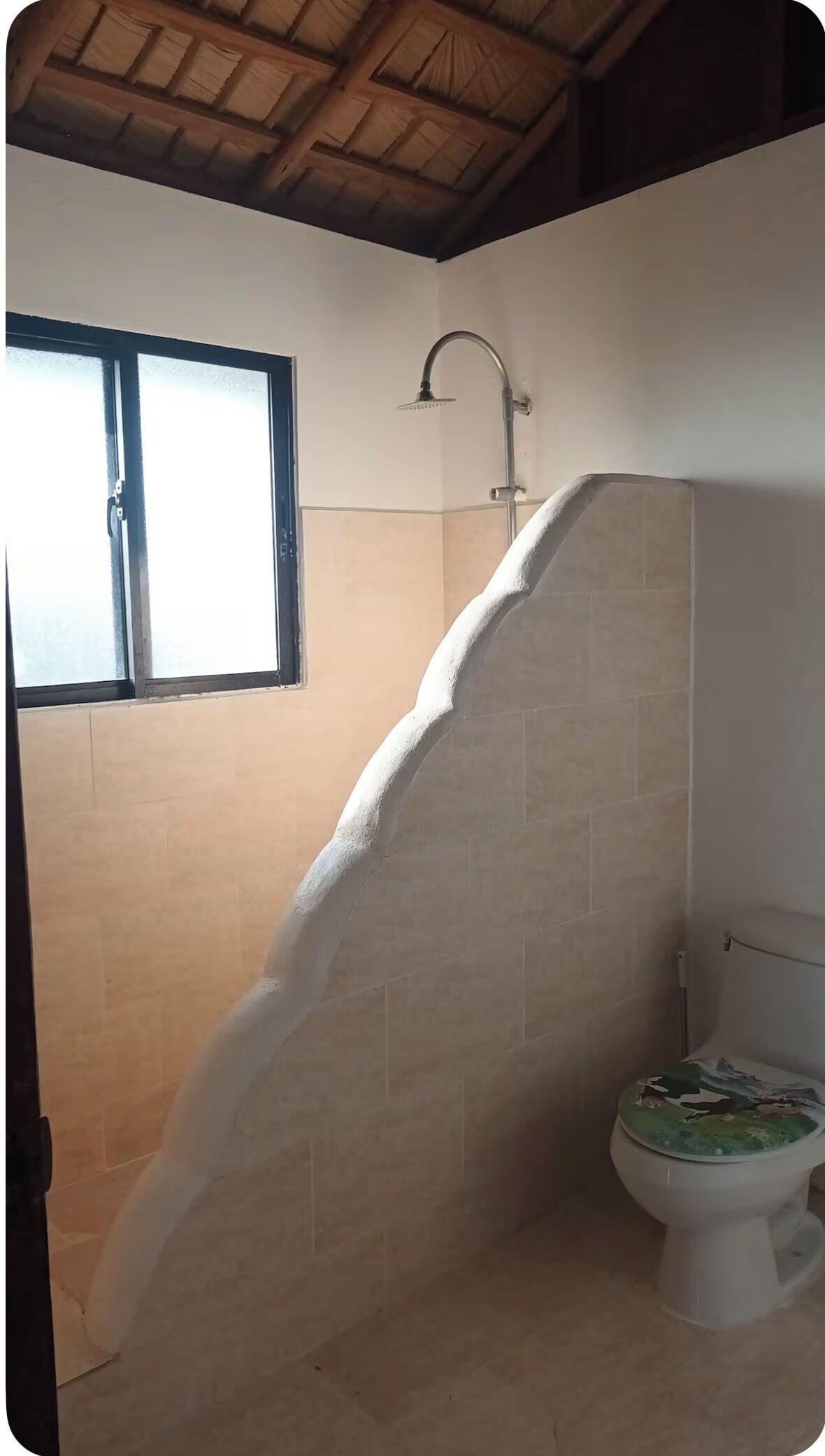 Une salle de bain avec une douche, des toilettes et une fenêtre.