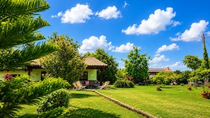 A house with a patio, a lawn, and a garden.