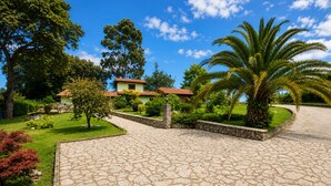 Um caminho de pedra leva a um edifício com telhado de azulejos, cercado por vegetação exuberante e palmeiras.