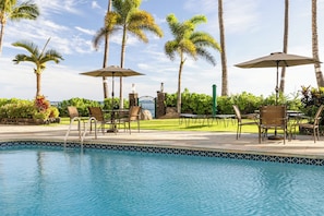 A poolside area with chairs and umbrellas, surrounded by palm trees and a view of the ocean.