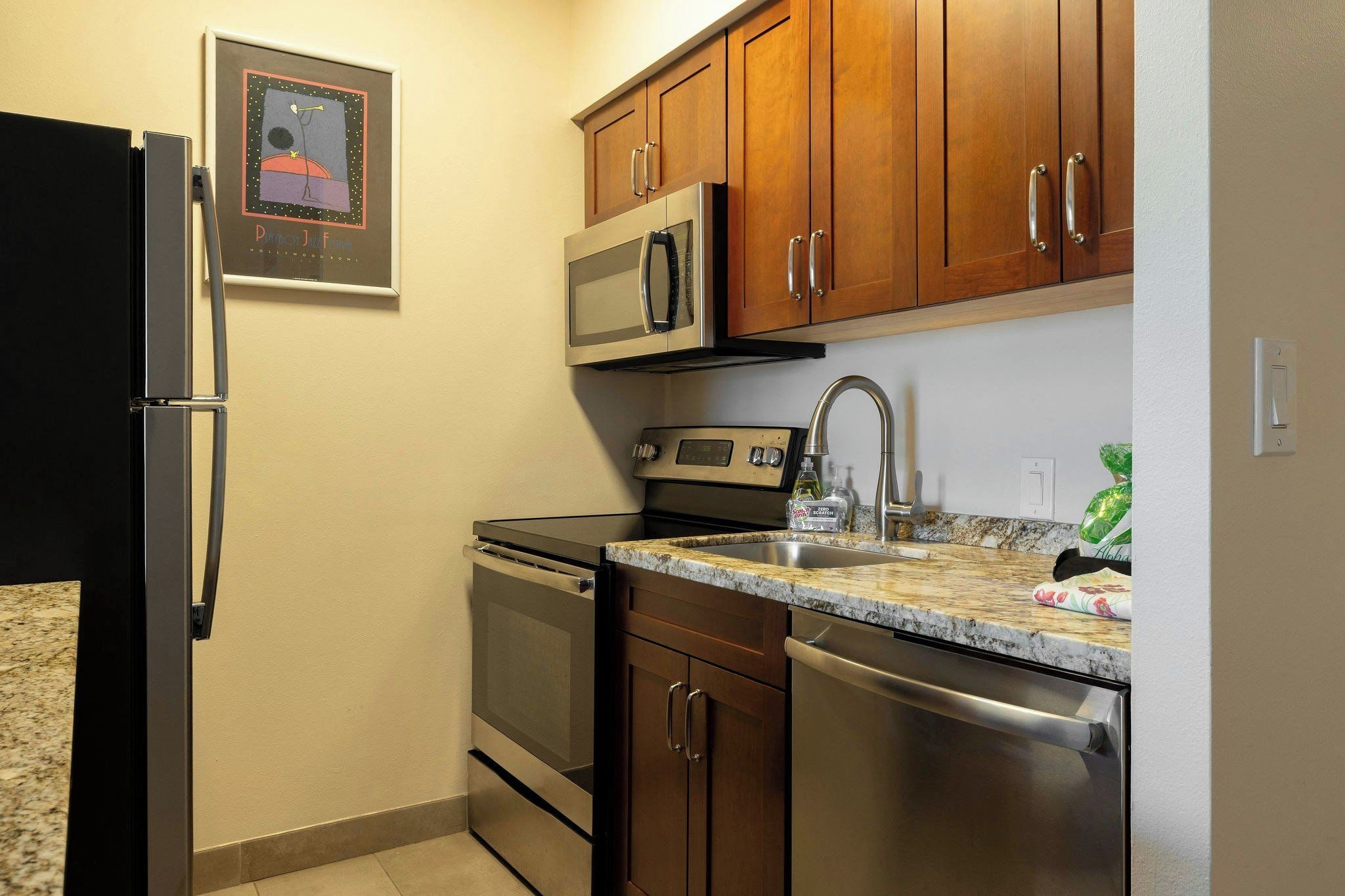 A compact kitchen with a refrigerator, microwave, oven, dishwasher, and granite countertop.