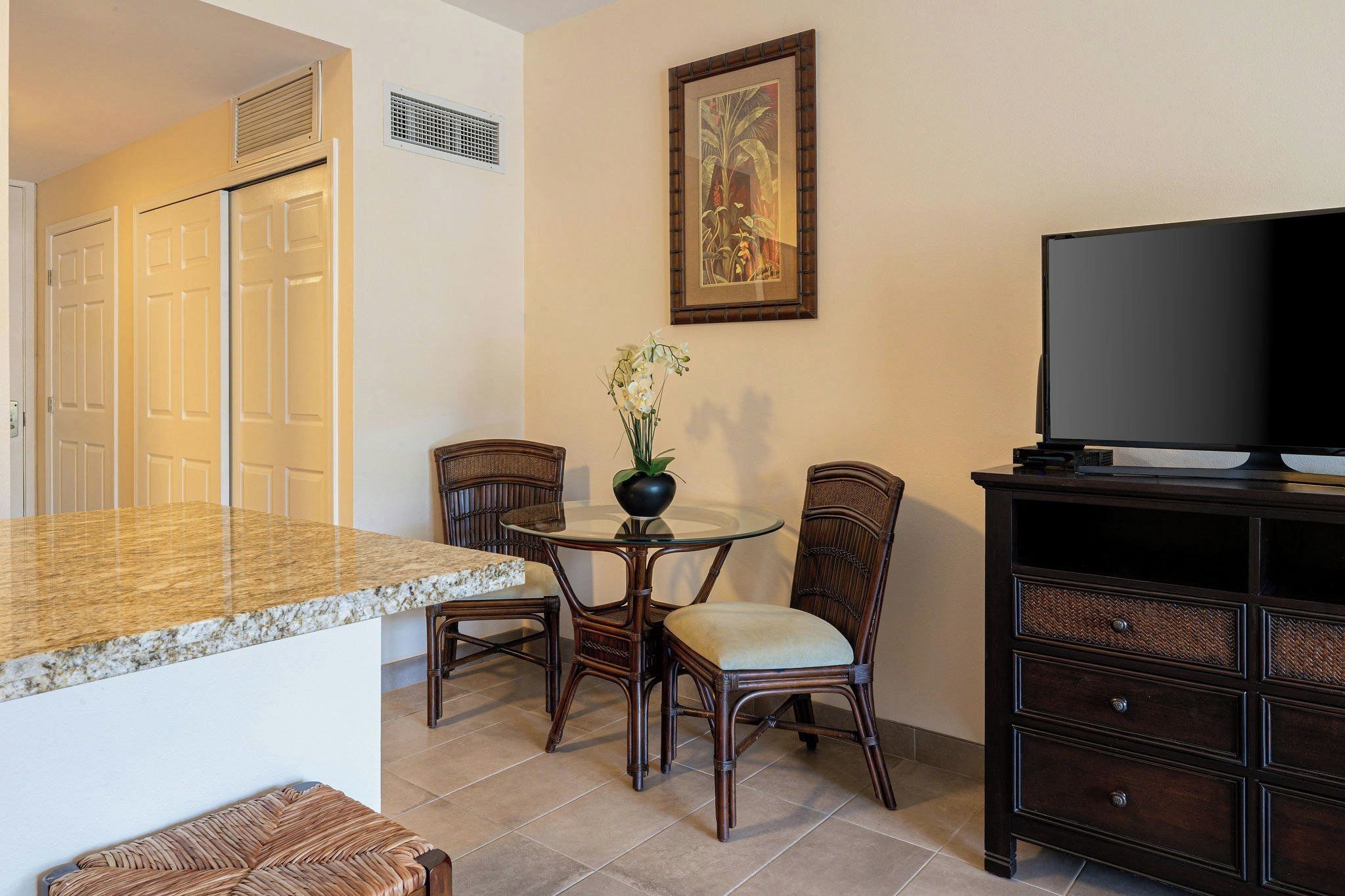 Un espace de vie compact comprenant un coin cuisine, une table à manger, deux chaises, un téléviseur et un vase décoratif.