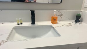 A bathroom sink with a mirror above it, a black faucet, and two bottles of hand soap on the counter. - Minutes to midtown-New Build Urban Retreat (Sacramento)
