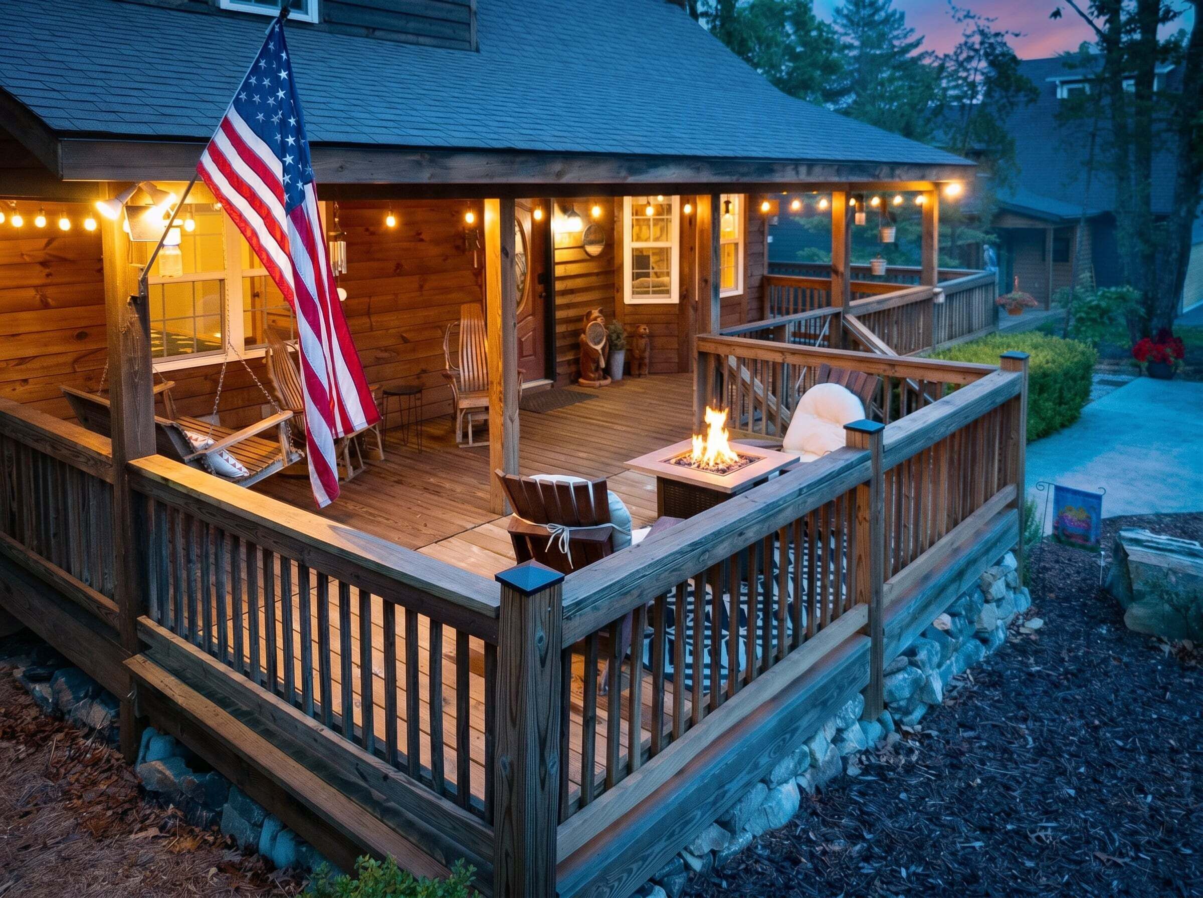 A wooden deck with a fire pit, outdoor seating, and an American flag.