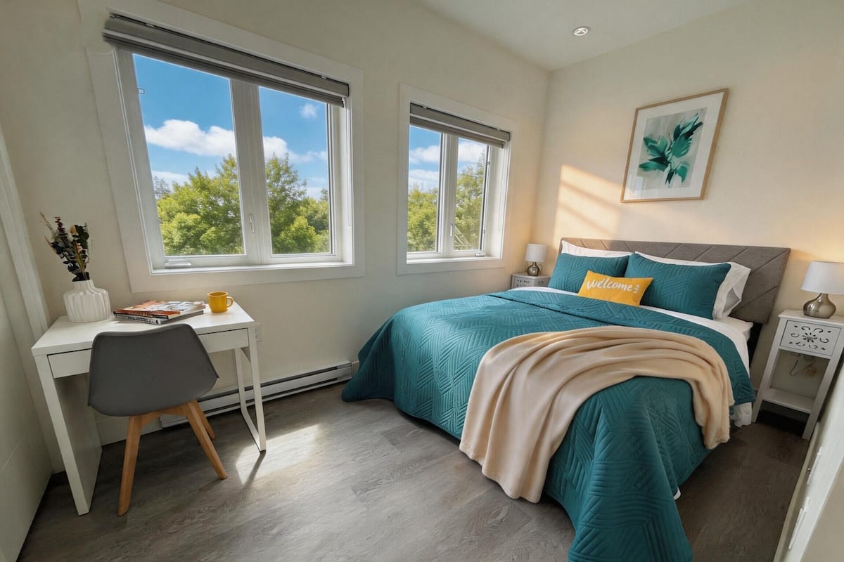 Un dormitorio con cama, escritorio, silla y ventanas.