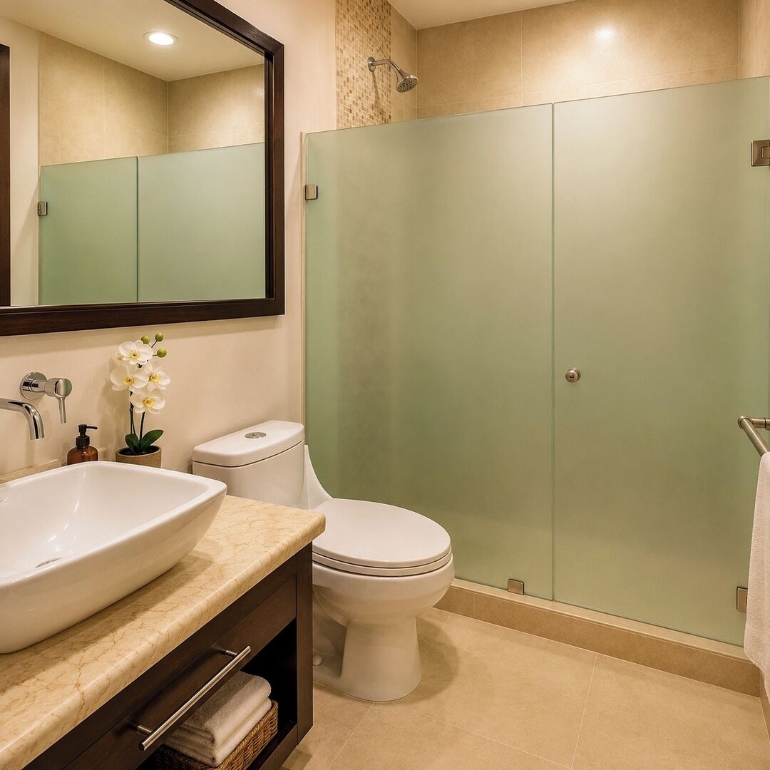 A bathroom with a large mirror, two sinks, a toilet, and a glass-enclosed shower.