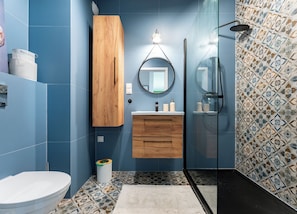 Shower, hair dryer, towels