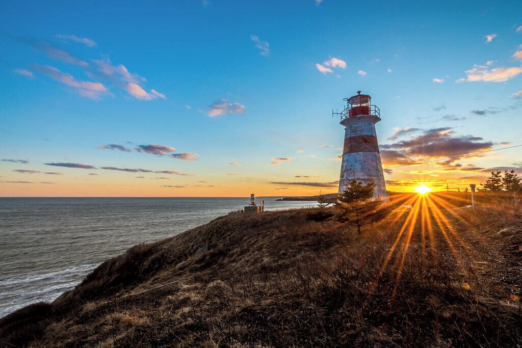A lighthouse on a grassy cliff overlooking the ocean at sunset.