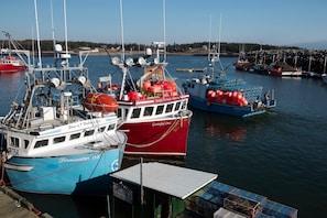 Un puerto con barcos amarrados, entre ellos una embarcación roja y otra azul con los nombres 'Grateful One' y 'Terminator 08'.