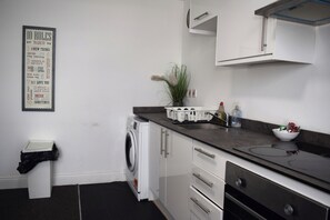 Una cocina moderna con lavadora, armarios, un lavabo y una planta en la pared.
