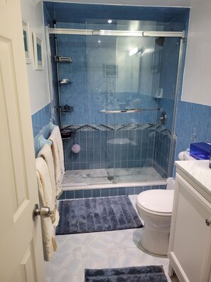 Ein Badezimmer mit Duschkabine, Toilette und Waschbecken.