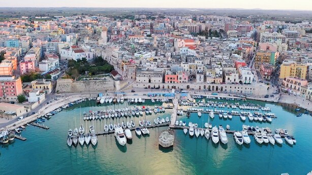 A marina with numerous boats docked, surrounded by a densely packed urban area with colorful buildings. - La Chicca Sul Mare Sea View, Bisceglie, Italy (Bisceglie)