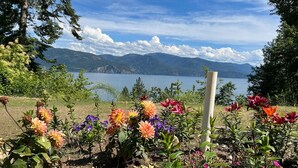 A garden with various flowers and a view of a lake and mountains.