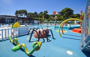 Ein Kinderspielbereich mit Pool, Rutschen und bunten Spielgeräten.