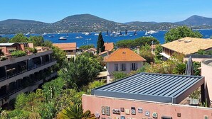 Une ville côtière avec des bâtiments, un port de plaisance et une montagne en arrière-plan.