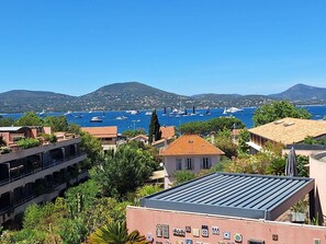 Eine Küstenstadt mit Gebäuden, einem Hafen und einem Berg im Hintergrund.