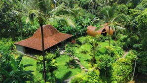 A tropical resort with a thatched-roof building, lush greenery, and a clear pathway. - Udaka Retreat (Payangan)