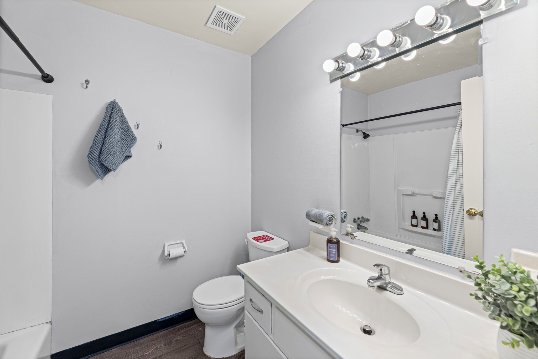 Hair dryer, towels, soap, shampoo