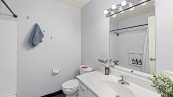 Hair dryer, towels, soap, shampoo
