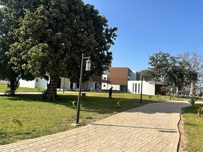 A paved pathway leading to a building with a modern design, surrounded by greenery and a clear blue sky.