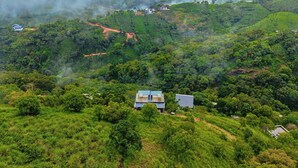 Paisaje rural con campos escalonados y una casa con tejado azul.