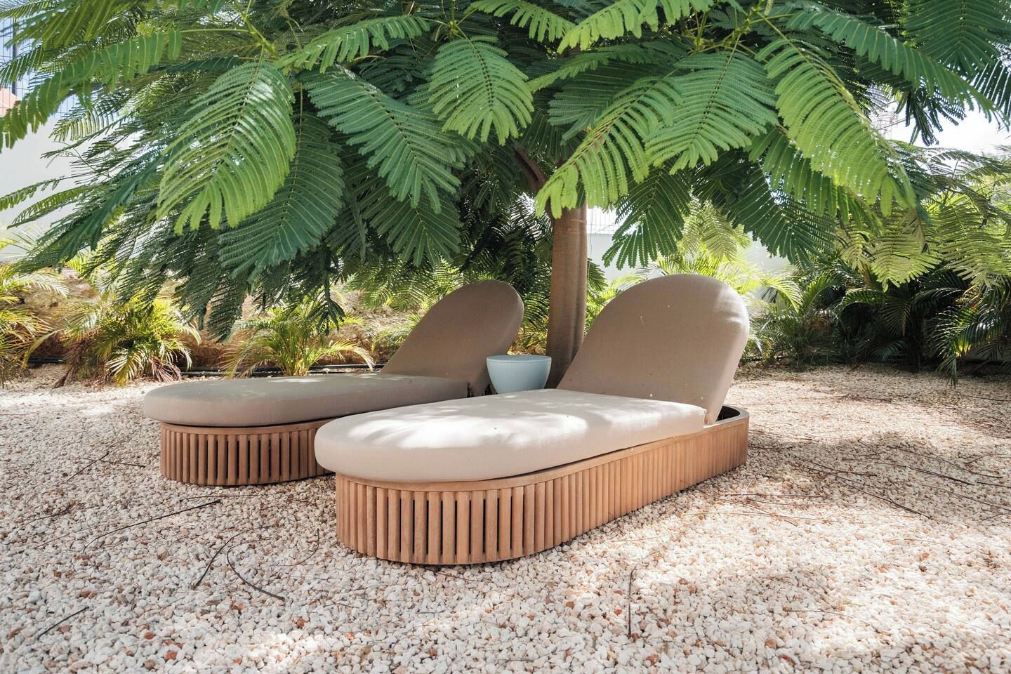 Uma poltrona de jardim para dois com almofada, sobre um piso de cascalho, sob uma grande árvore com folhagem densa.