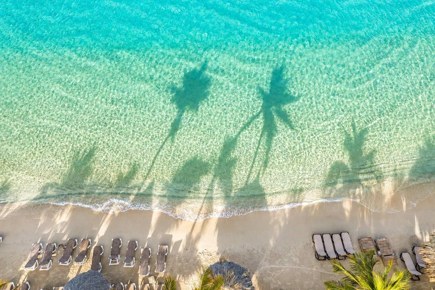 Eine Luftaufnahme eines Strandes mit klarem türkisblauem Wasser, einem Sandstrand und Reihen von Liegestühlen.