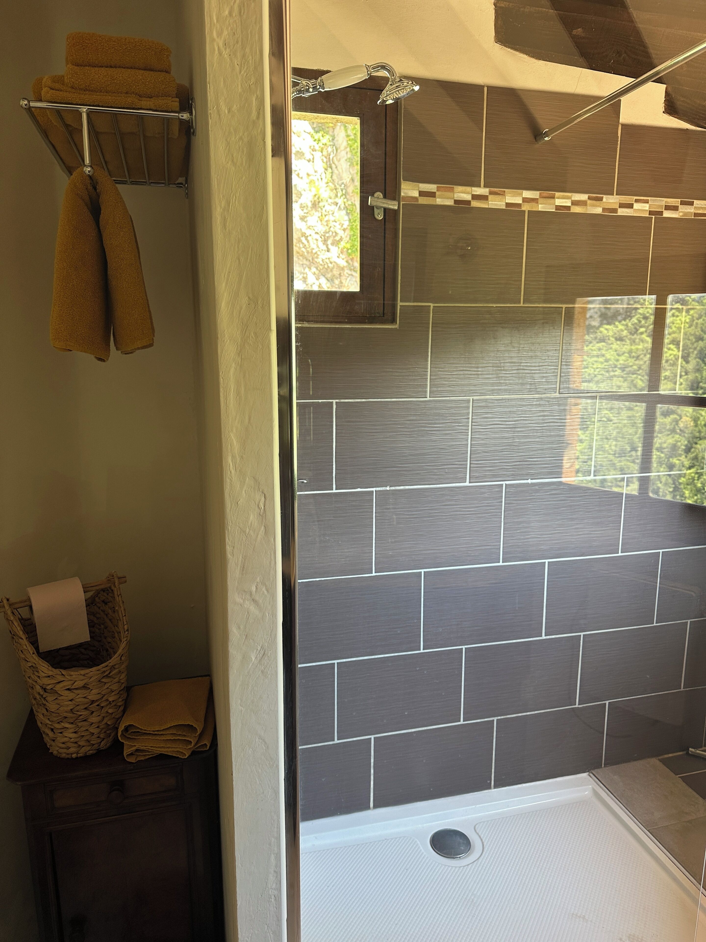 Douche, serviettes fournies, savon, papier toilette