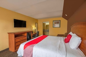 Une chambre d’hôtel avec un lit, un bureau, une chaise, une télévision et un miroir.