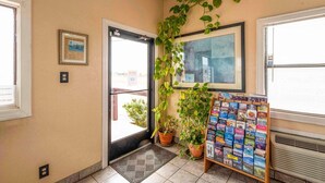 Un hall d’hôtel avec une porte, un tableau encadré, une plante en pot, un panneau d’affichage avec des brochures de voyage et une fenêtre avec des stores.