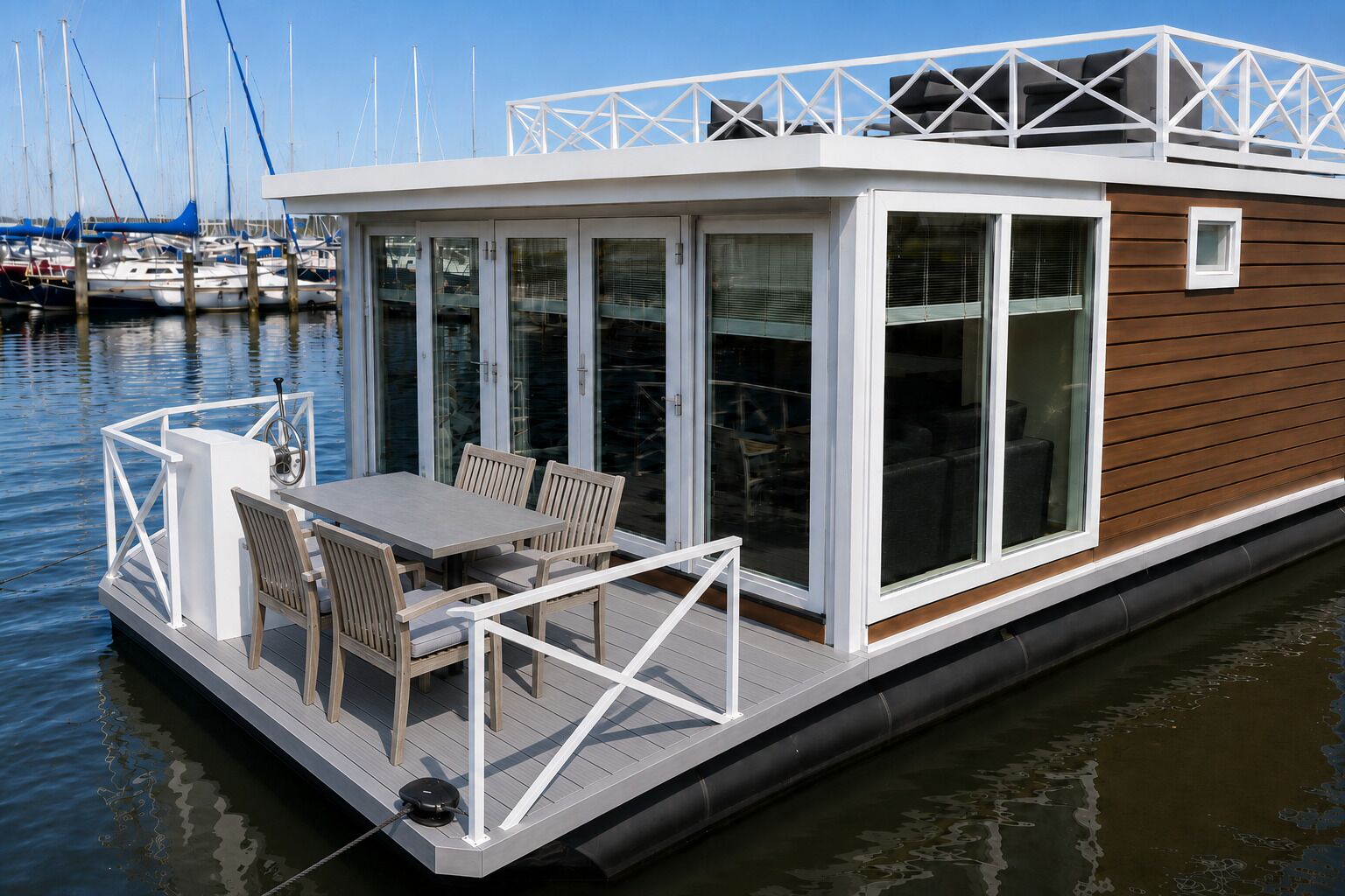 Une péniche avec une terrasse, une table et des chaises.