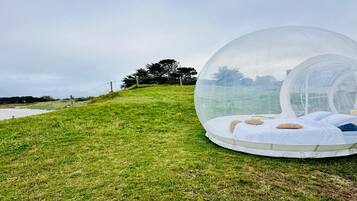 Une structure en forme de dôme transparent, avec un lit à l’intérieur, entourée d’herbe et d’arbres.
