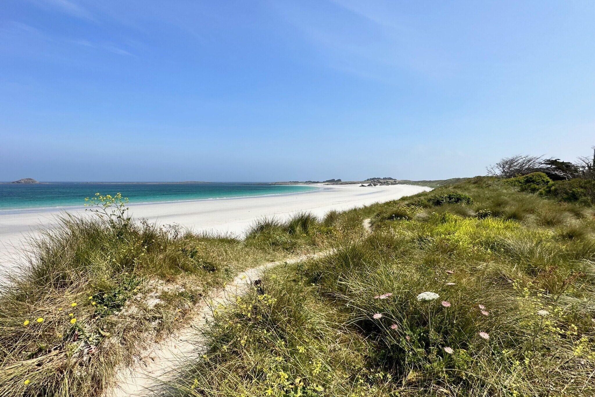 Un sentier qui longe la plage et mène à une étendue de sable fin, bordée d’une eau d’un bleu limpide et offrant une vue sur des reliefs lointains.