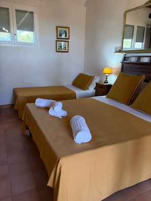 A hotel room with two beds, each with a brown bedspread and white towels. There is a nightstand with a lamp, a dresser, and two framed pictures on the wall.