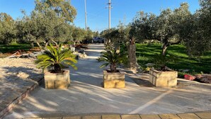 A paved pathway with planters, trees, and a grassy area. - The tranquility of the countryside, just a stone's throw from the sea and the Selinunte Archaeological Park (Sicilia)