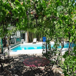 A pool area with a table and chairs, surrounded by greenery and a covered seating area.